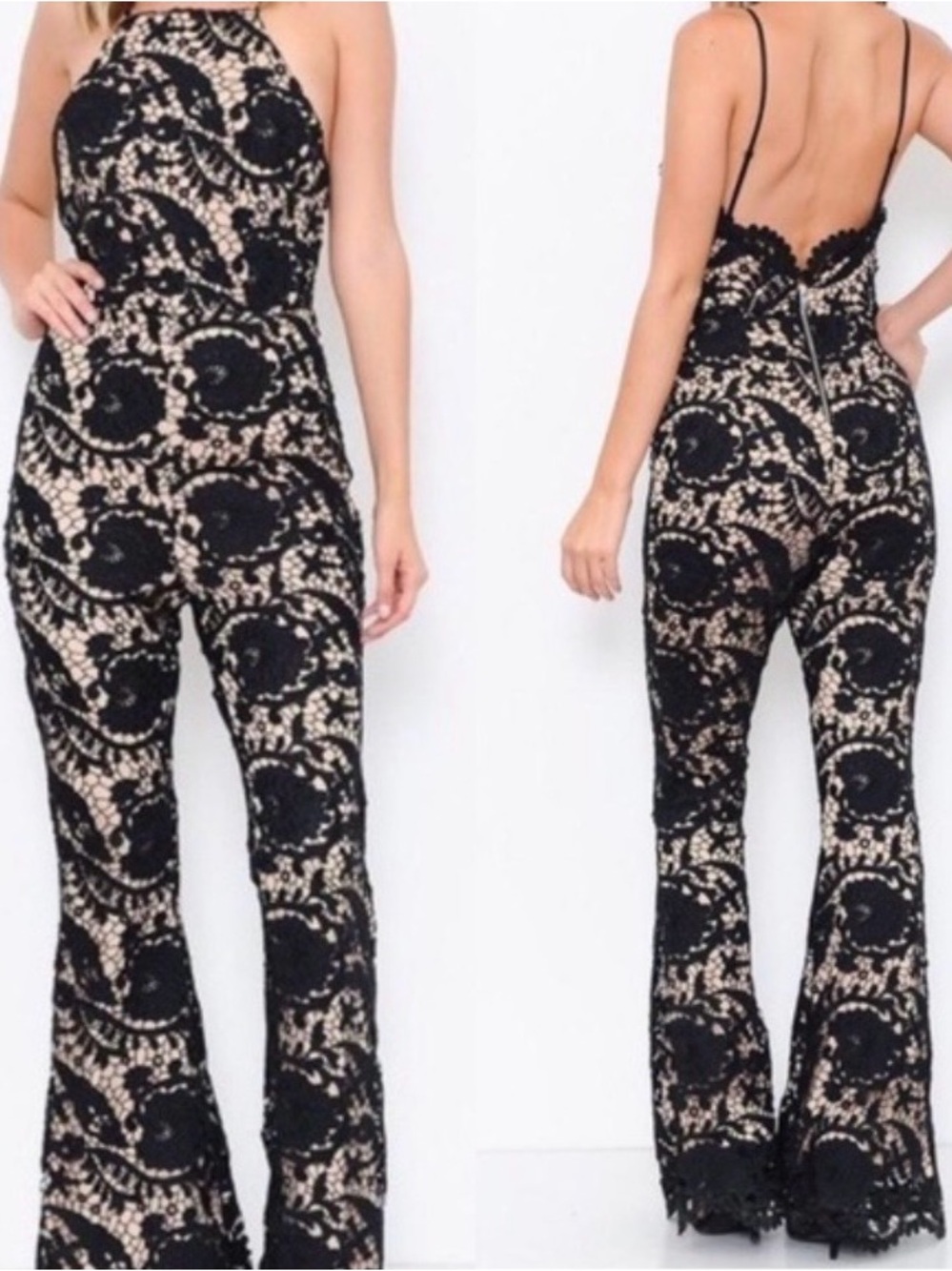 NWT Small L'Atiste Lace-Overlay Black & Nude Wide-Leg Jumpsuit